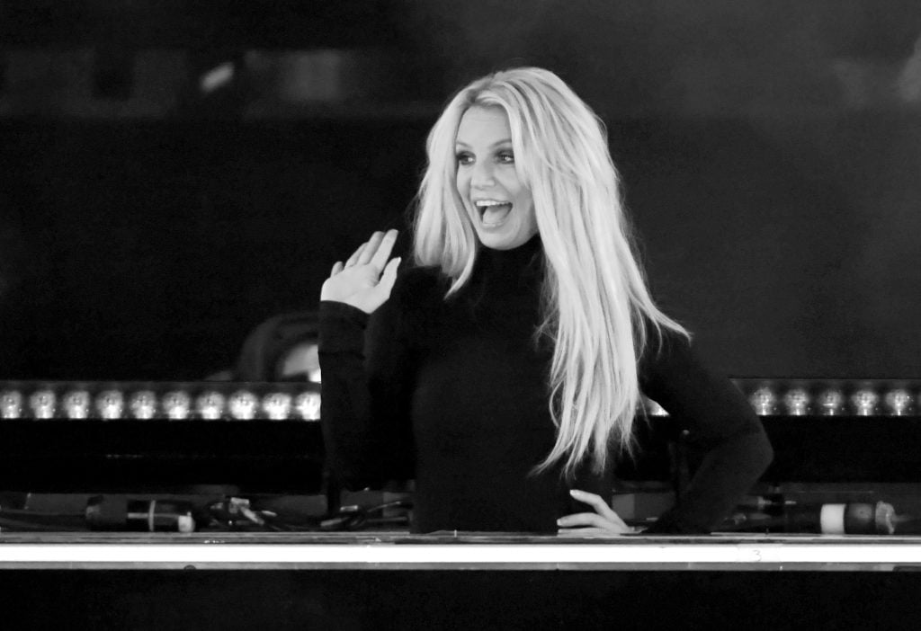 A black-and-white photo of Britney Spars in October of 2018.