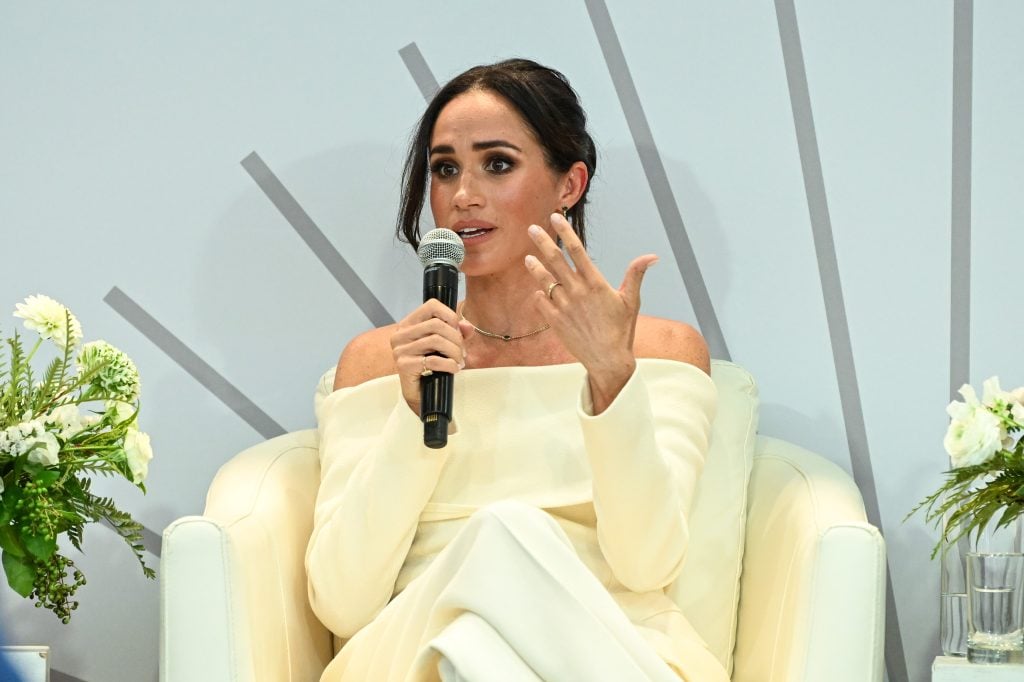 Meghan, Duchess of Sussex speaks onstage at The Archewell Foundation Parentsâ Summit: Mental Wellness in the Digital Age during Project Healthy Minds' World Mental Health Day Festival 2023 at Hudson Yards on October 10, 2023, in New York City. 