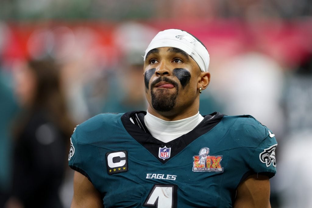 Jalen Hurts #1 of the Philadelphia Eagles looks on in the fourth quarter against the Kansas City Chiefs during Super Bowl LIX at Caesars Superdome on February 09, 2025 in New Orleans, Louisiana.