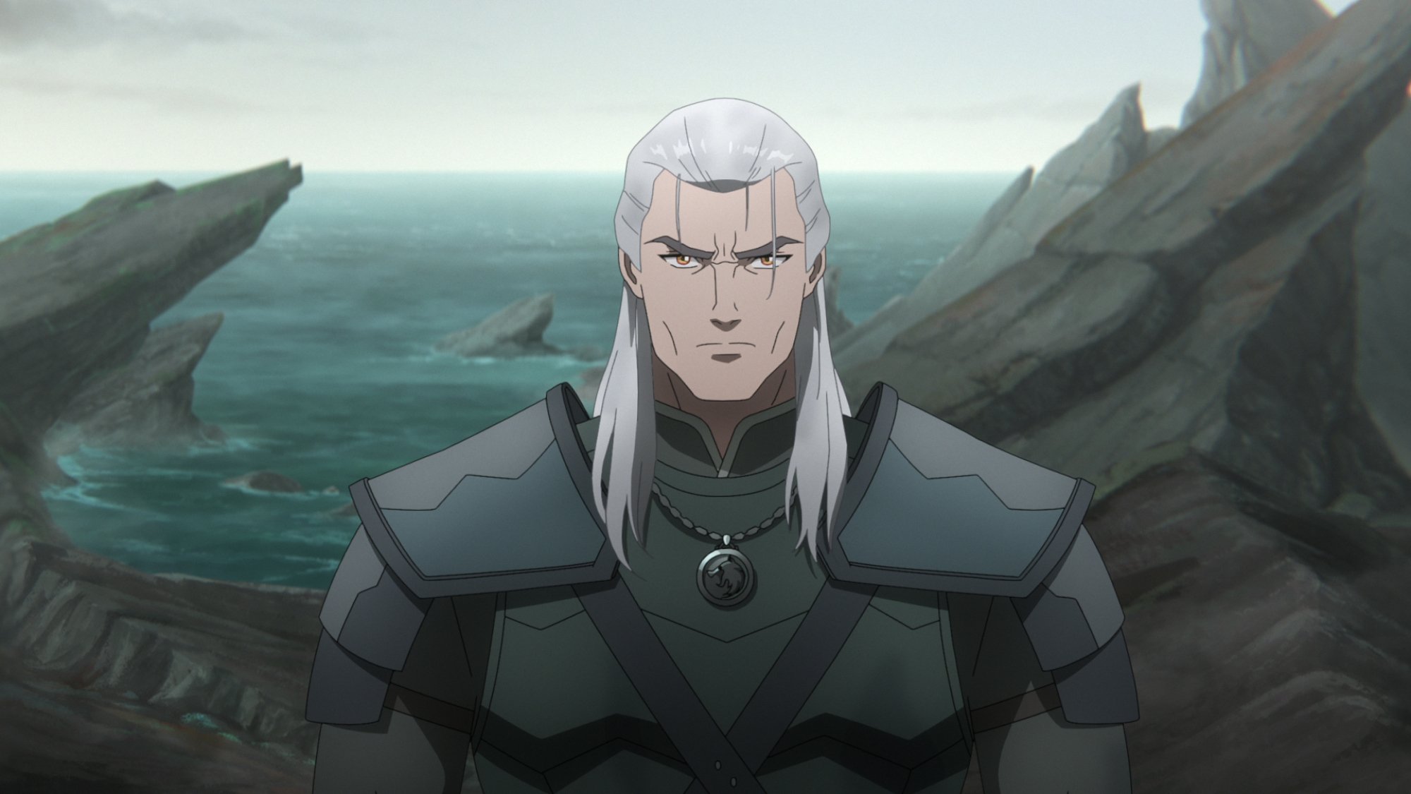 A white-haired man in armour stands on a rocky ocean shore.