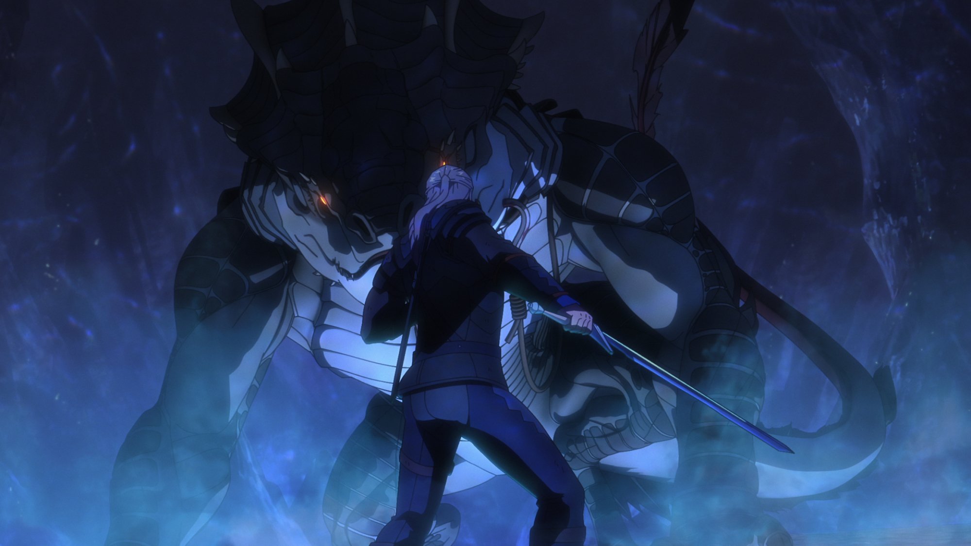 A white-haired man stands sword drawn in front of a sea monster.