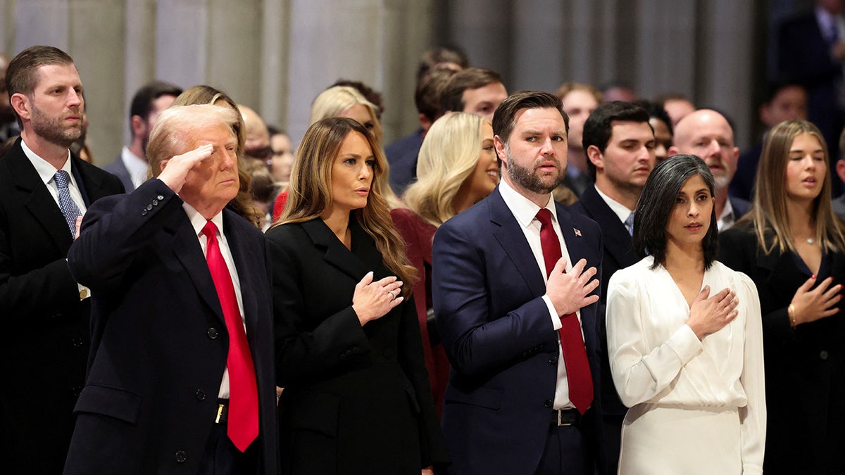 U.S. President Donald Trump, first lady Melania and U.S. Vice President J.D. Vance with second lady Usha attend the National Day of Prayer Service