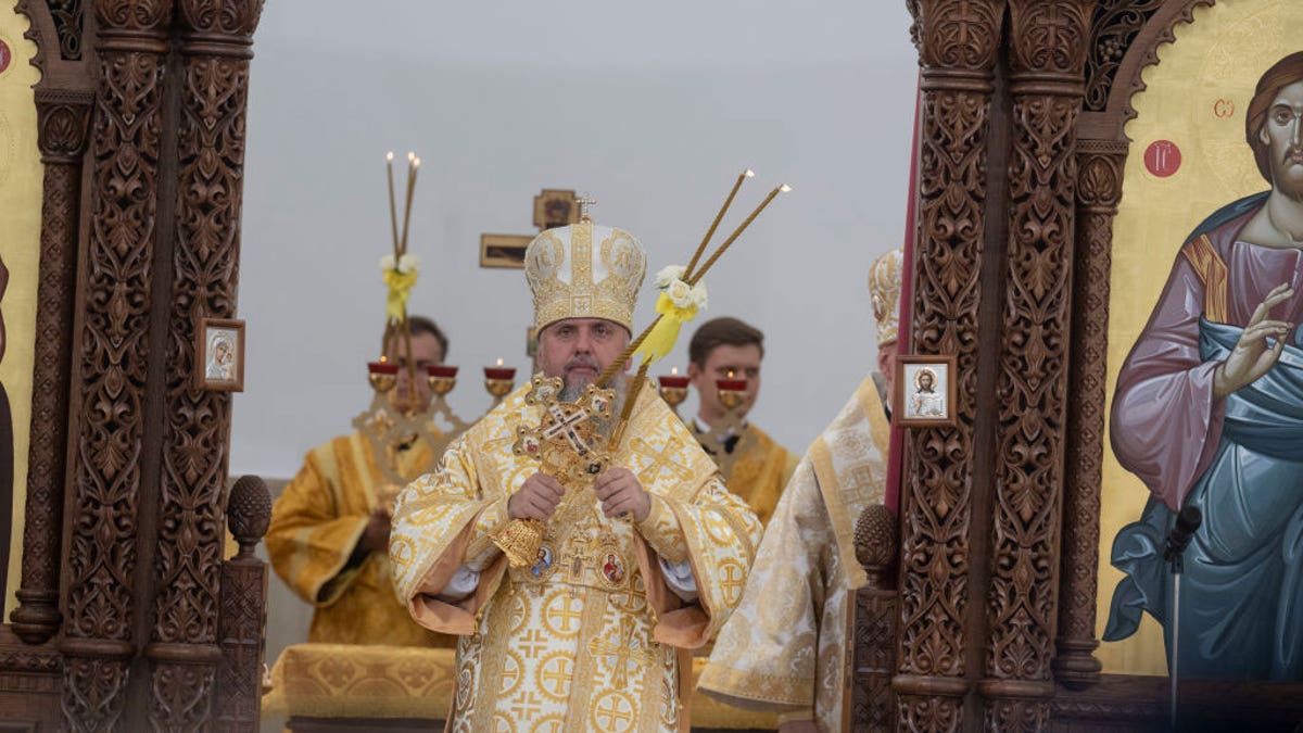 Metropolitan Epiphanius conducts the liturgical service and the Church of St. Andrew the First-Called consecration on Aug. 25, 2024, in Bucha, Kyiv Oblast, Ukraine.