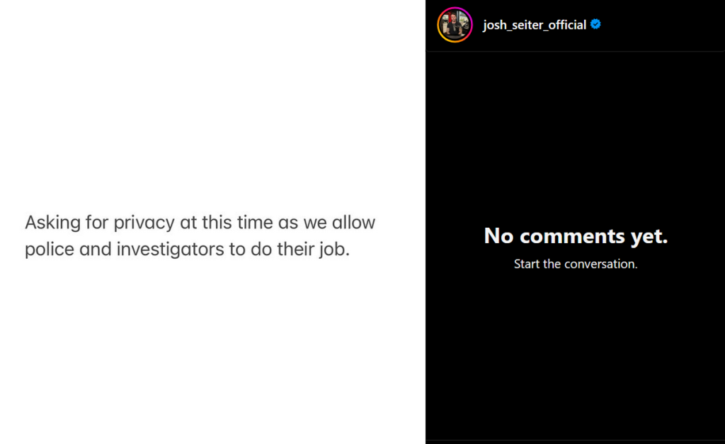 A screenshot of Josh Seiter's Instagram post featuring no photos or comments.