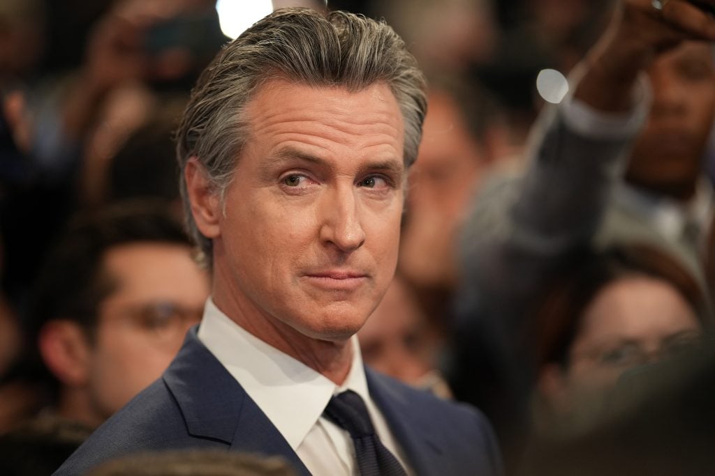 Gov. Gavin Newsom speaks to reporters in the spin room following the CNN Presidential Debate between U.S. President Joe Biden and Republican presidential candidate, former U.S. President Donald Trump at the McCamish Pavilion on the Georgia Institute of Technology campus on June 27, 2024 in Atlanta, Georgia.