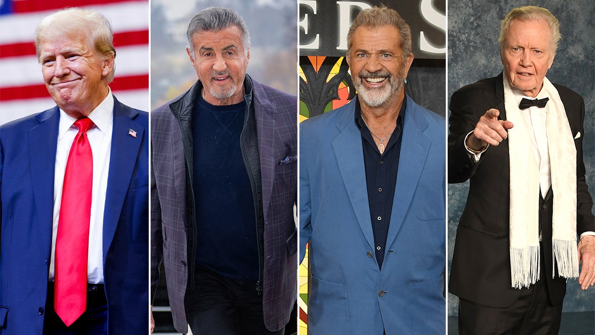 Side by side photos of Donald Trump, Sylvester Stallone, Mel Gibson, and Jon Voight