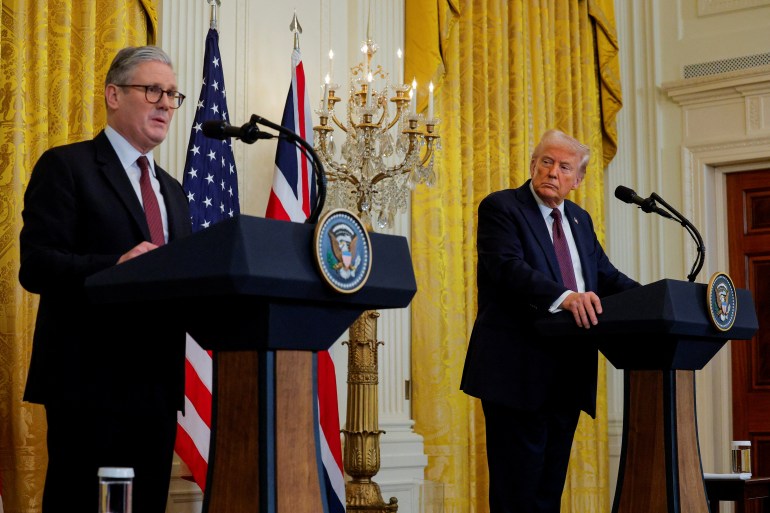 Keir Starmer and Donald Trump at podiums at the White House