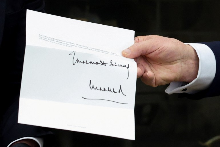 A close-up of King Charles's letter to Donald Trump