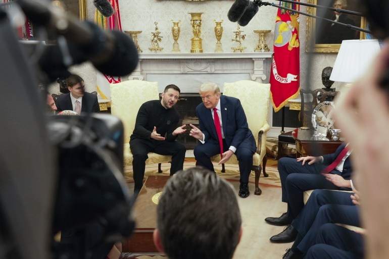 Zelenskyy and Trump in the Oval Office surrounded by cameras