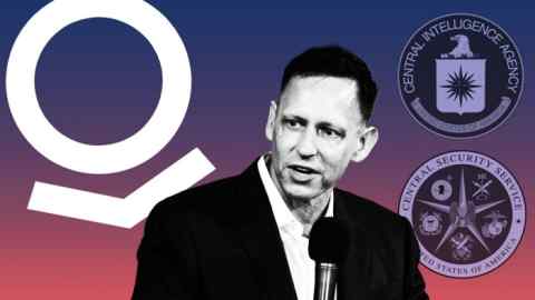 Peter Thiel, Palantir logo with logos of CIA and National Security Agency