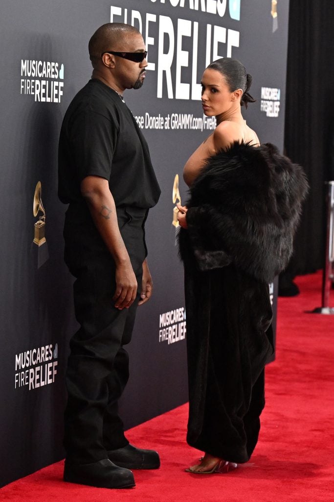 Kanye West and Australian model Bianca Censori arrive for the 67th Annual Grammy Awards at the Crypto.com Arena in Los Angeles on February 2, 2025.