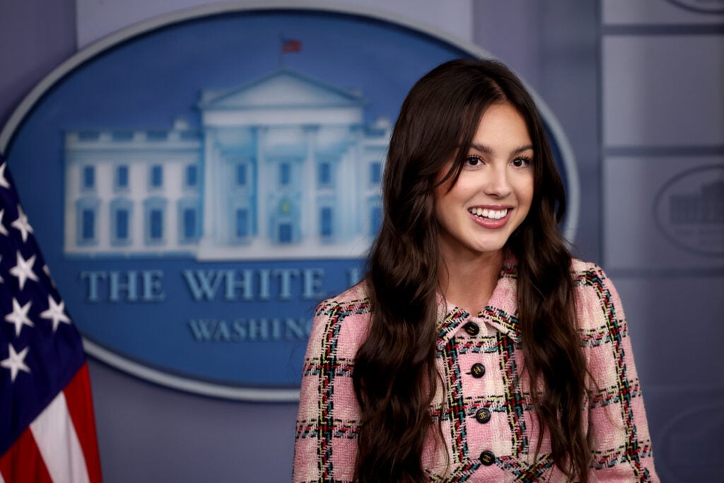 Pop music star and Disney actress Olivia Rodrigo makes a brief statement to reporters at the beginning of the daily news conference in the Brady Press Briefing Room at the White House on July 14, 2021 in Washington, DC.