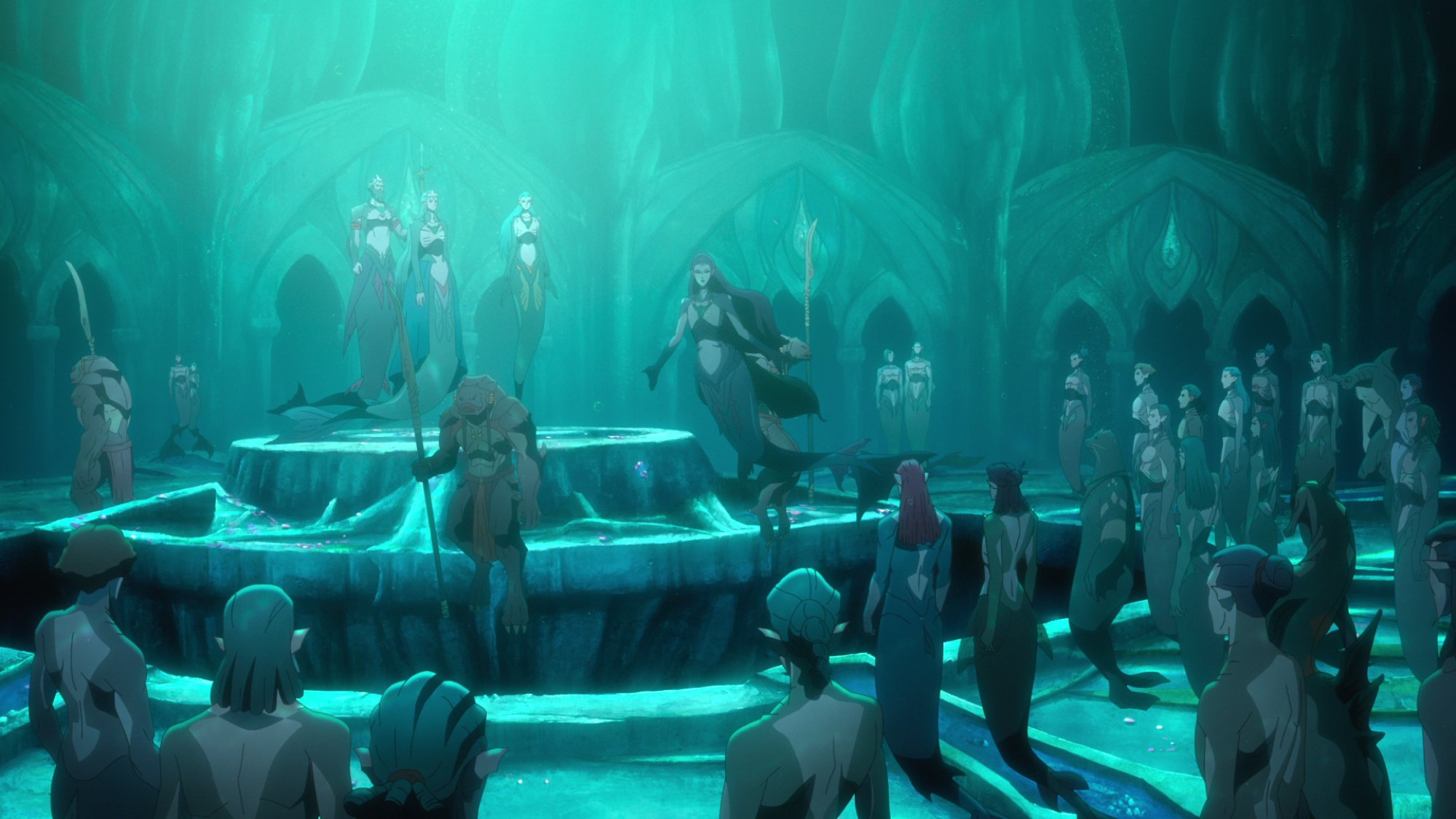 A scene of merpeople in an underwater throne room.