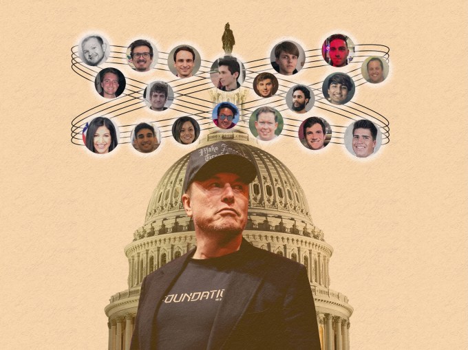 an illustration of Elon Musk, stood in front of a graphic of the U.S. Capitol, with various faces around Musk of those who are in his inner circle, including DOGE members.