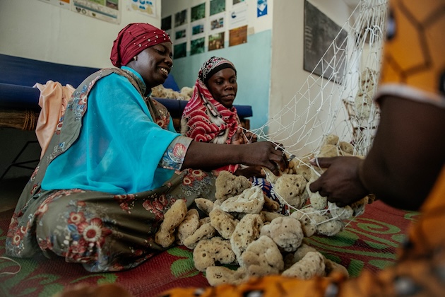 Hindu Rajabu, second from left and her colleagues sort dried sponges ready for sale. Credit: Kizito Makoye/IPS