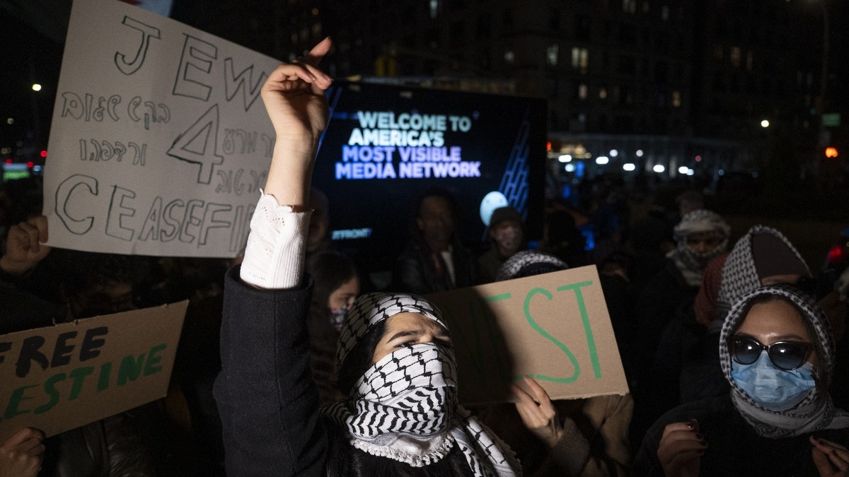 Pro-Palestinian protesters gather outside Columbia University Campus in New York City.