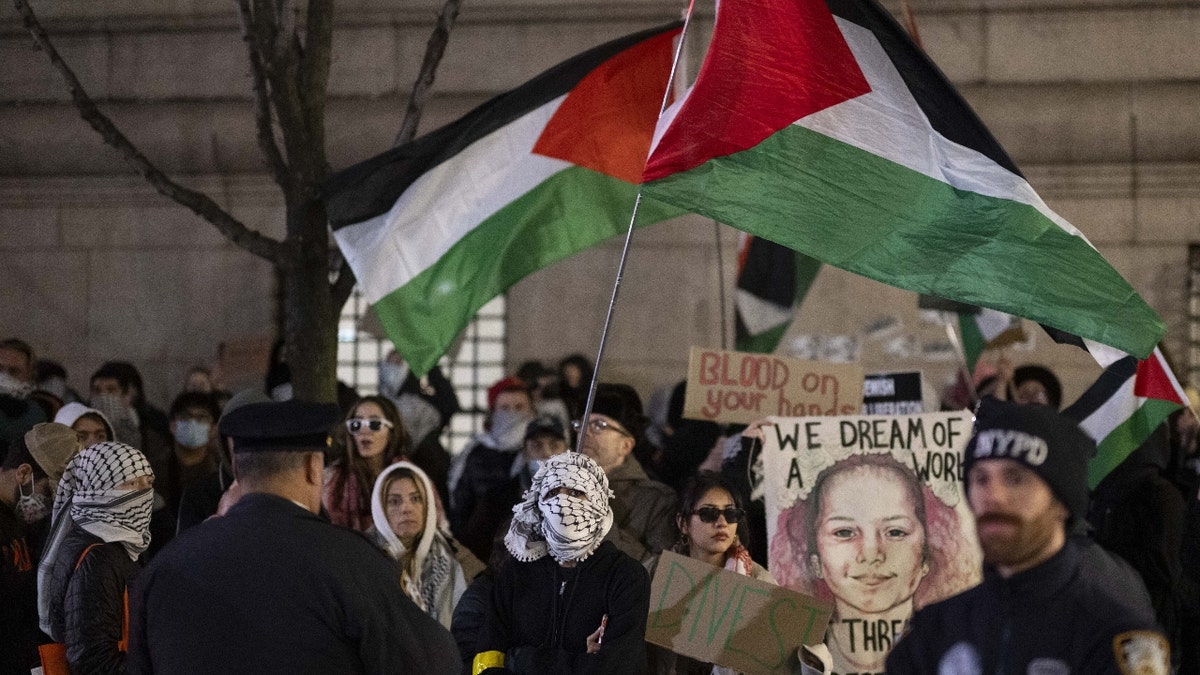 Pro-Palestinian protesters gather outside Columbia University Campus in New York City to protest against the former Israeli Prime Minister Naftali Bennett.