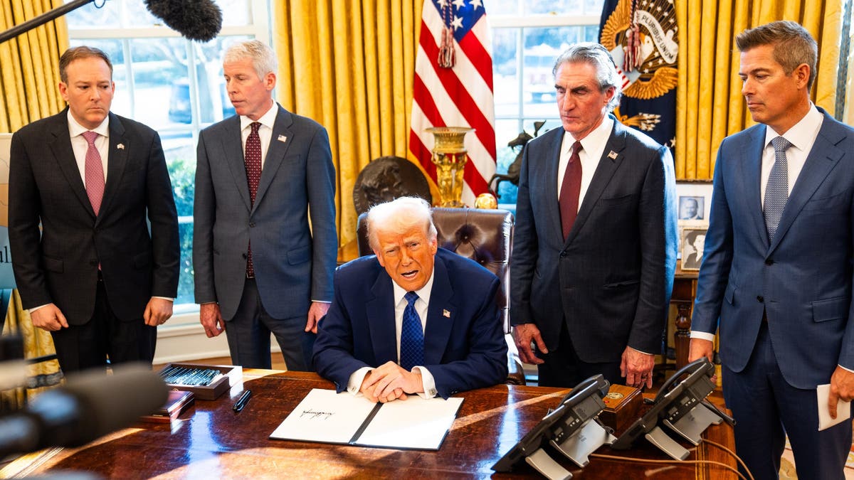 President Donald Trump, center, with, from left to right, EPA Administrator Lee Zeldin, Secretary of Energy Chris Wright, Secretary of the Interior Doug Burgum and Secretary of Transportation Sean Duffy.