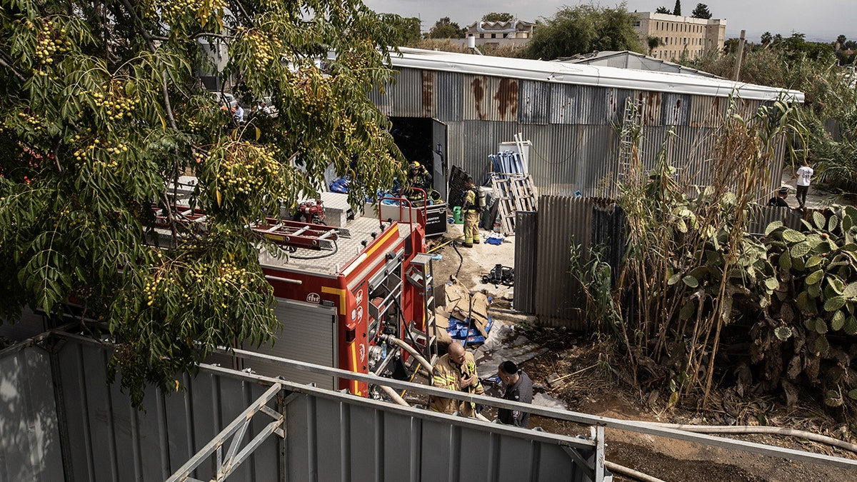 The scene at a warehouse in Kfar Chabad, Israel on Oct. 7 after Hamas fired rockets on the one-year anniversary of the terrorist attack that launched the war in Gaza. 