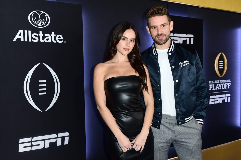 Natalie Joy and Nick Viall attend the Allstate Party at the Playoff, hosted by ESPN & CFP on January 07, 2023 in Los Angeles, California. 