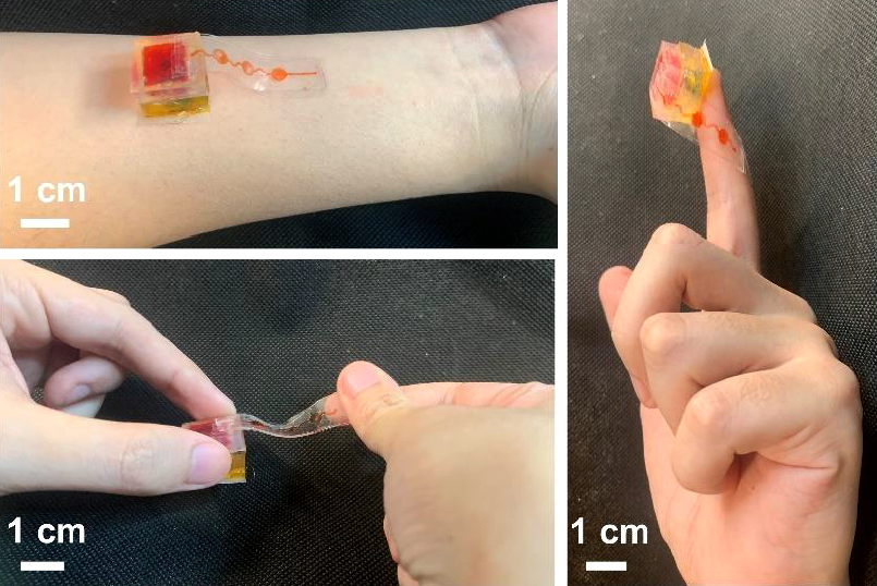 Combination of 3 photographs showing the electromagnetic actuator in use on a person's underarm in one photo and being held with fingers in two photos