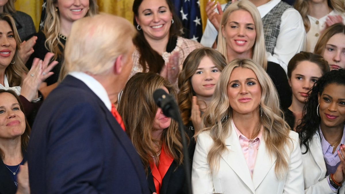 US President Donald Trump acknowledges former Kentucky swimmer Riley Gaines.