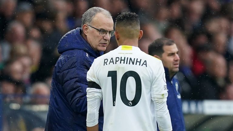 Marcelo Bielsa and Raphinha in conversation at Leeds United