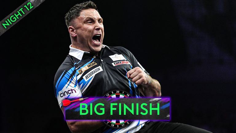 Gerwyn Price reacts in his match against Chris Dobey on Night 12 of Premier League Darts in Liverpool