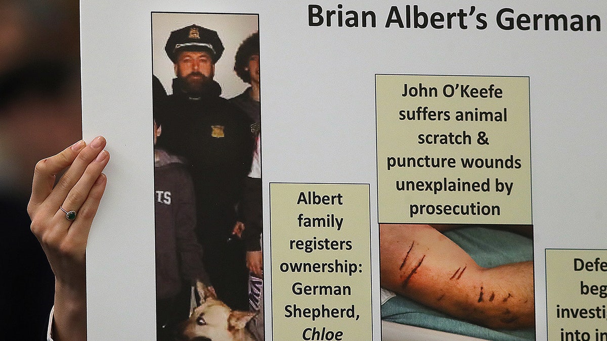 The defense for Karen Read holds up a poster...
</p>
</div></div><div class=
